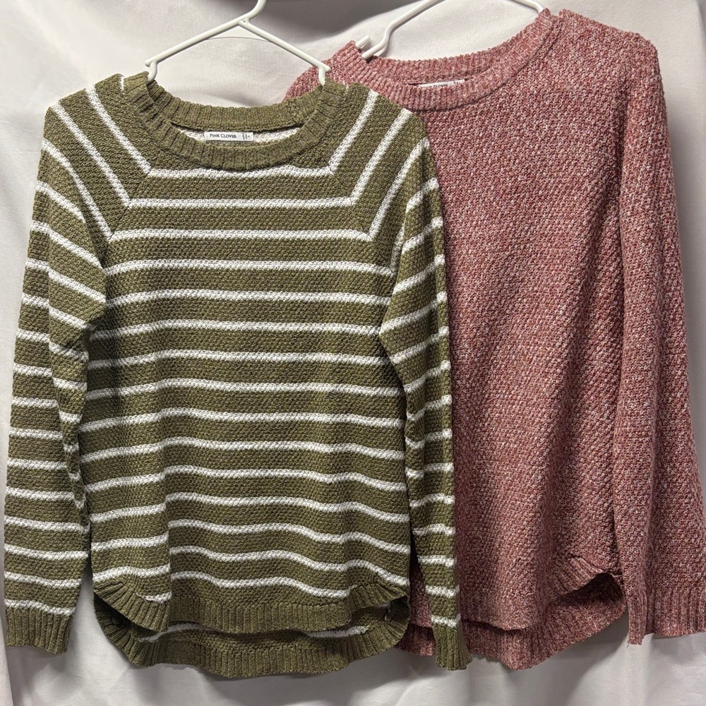 🧣 Pink Clover Olive Striped and Pink Sweaters